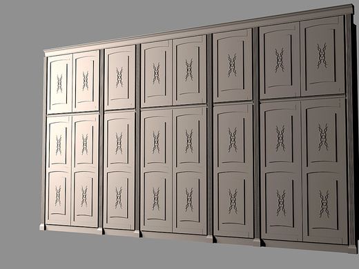 Vizualizace skříně zdobené řezbami